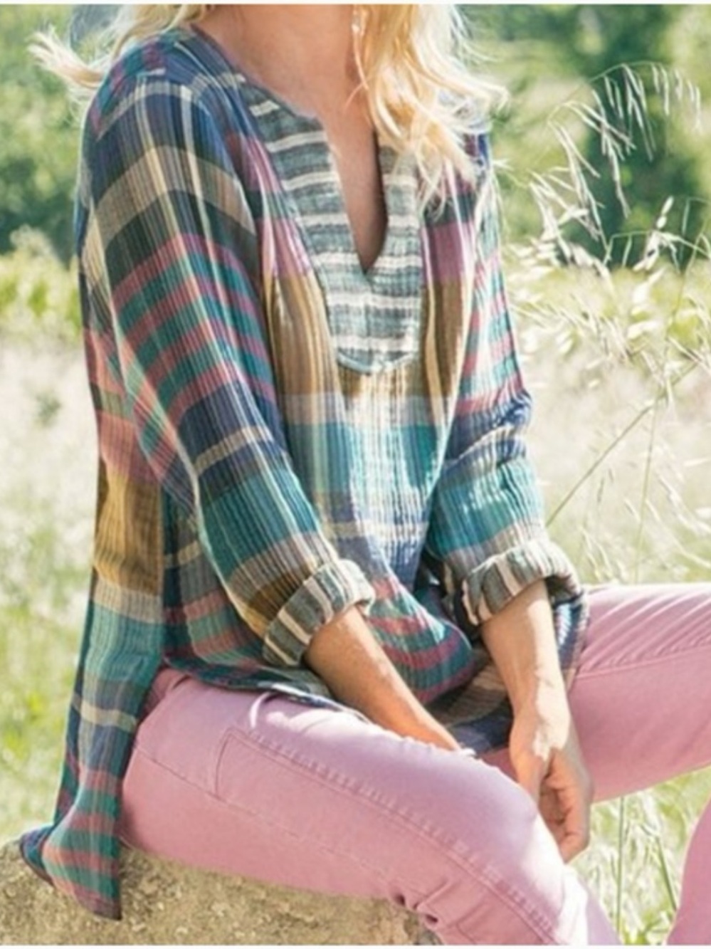 Soft Surroundings Rustic Multicolor Plaid V-Neck Gauzy Long Sleeve Flowy Tunic